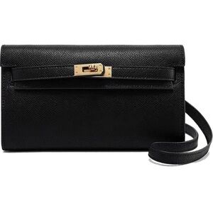 Black Leather Crossbody Clutch with Gold Hardware